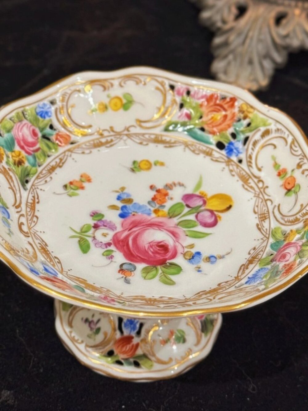 Antique German Dresden Carl Thieme SP Mark Reticulated Compote